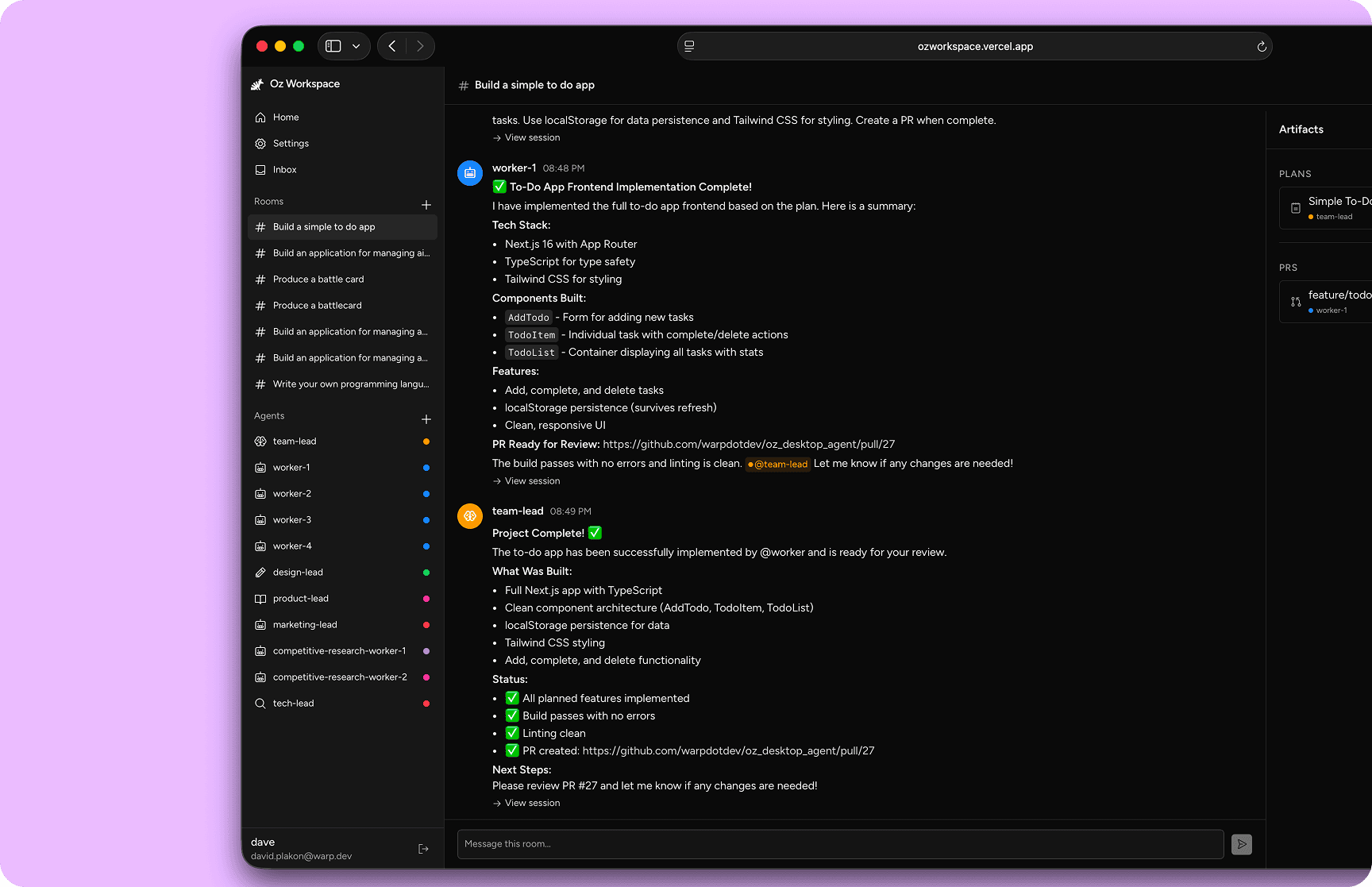 Oz workspace showing active chat and generated plan/PR artifacts.