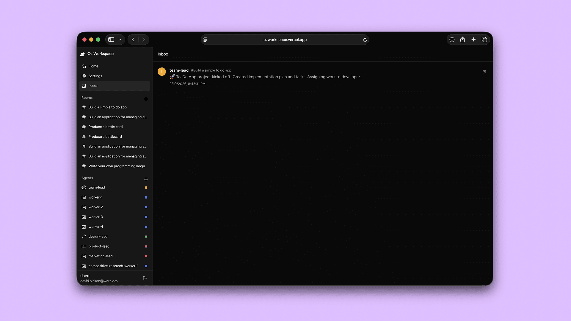 Inbox showing agent notifications about project progress and completed work.
