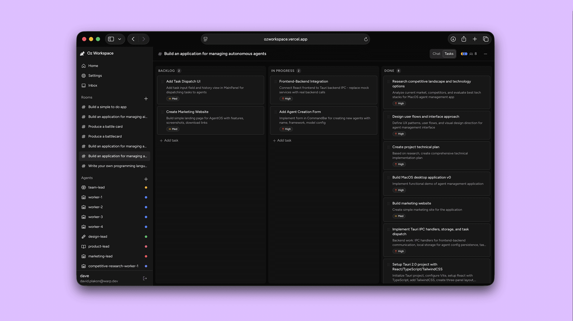 Kanban task board with backlog, in-progress, and done columns.